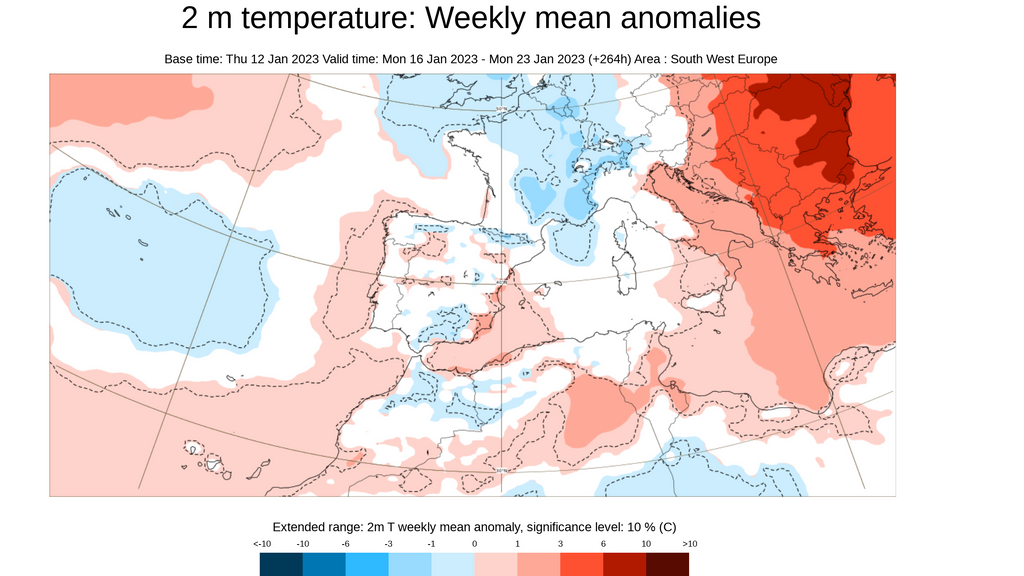 Anomalía de la temperatura media prevista de 16 al 23 enero