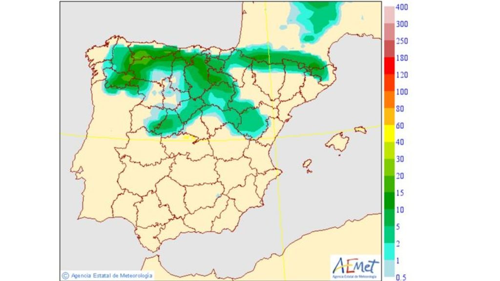 Precip. máxima acumulada esperada en forma de nieve en la Península y Baleares el domingo