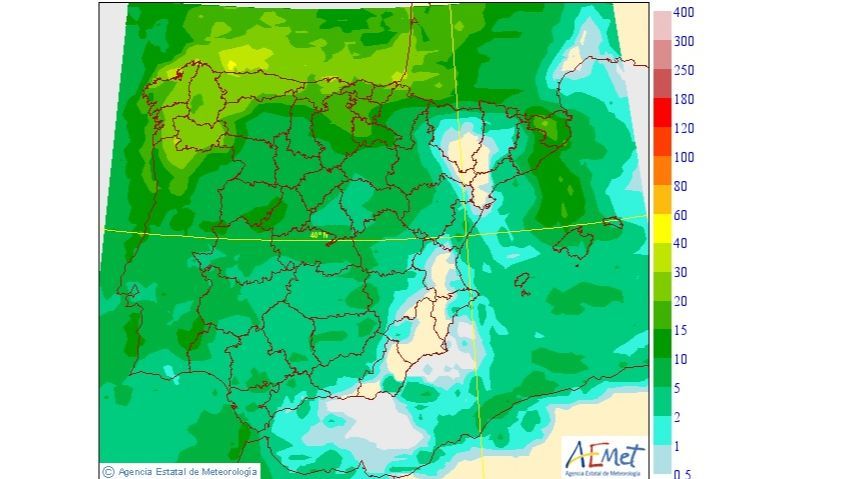 Precipitación máxima prevista para el domingo en Península y Baleares