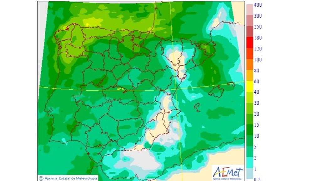 Precipitación máxima prevista para el domingo en Península y Baleares