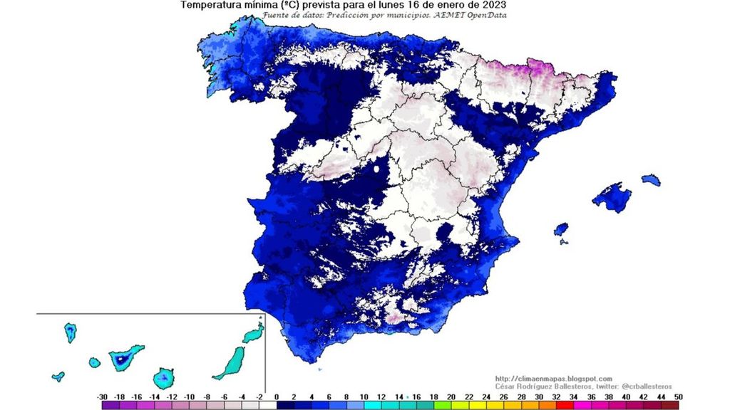 Temperaturas mínimas previstas para el lunes