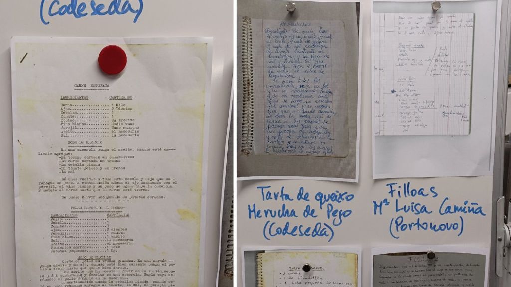 Recetas que han recopilado, en una pizarra del centro Carlos Oroza de Pontevedra.