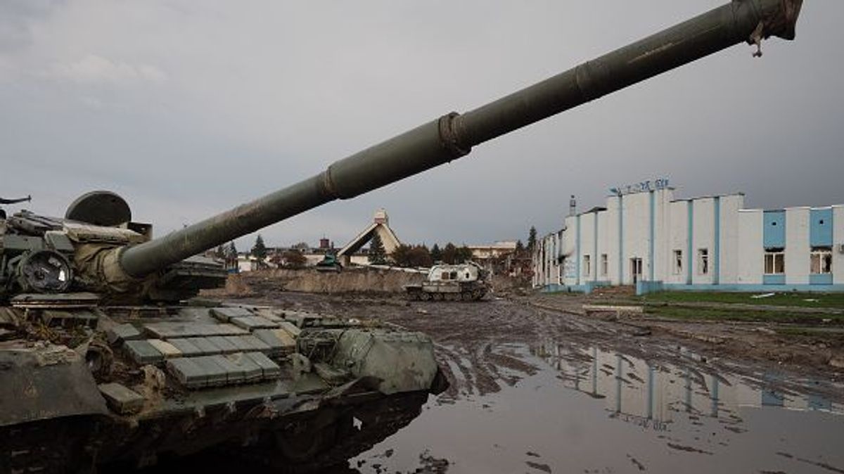 TROSTYANETS, UKRAINE - APRIL 21 : The central square of the city is now a vast field of wrecked BMP's and Russian tanks on April 21, 2022 in Trostyanets, Ukraine.Ukrainian forces retook Trostyanets on March 26, 2022 from Russian control, a north-eastern town that saw fierce fighting and was occupied by Russians for weeks. After Russian advances had stalled on several fronts, Russia appeared to revise its military goals in Ukraine, claiming that it would focus its efforts on the battle in the eastern Donbas region. (Photo by Gaelle Girbes/Getty Images)