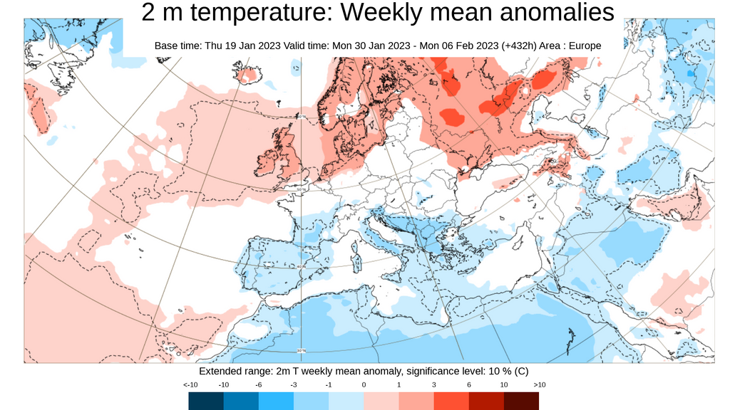 Anomalía de la temperatura prevista para la semana del 30 de enero al 6 de febrero