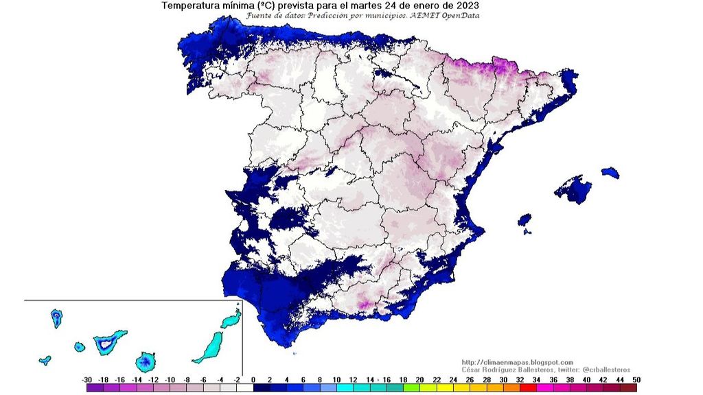 Temperaturas mínimas previstas para el martes 24