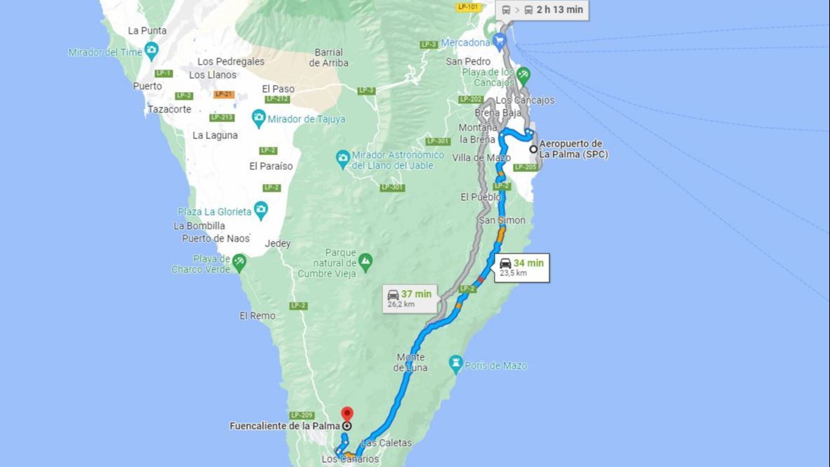 La posible ruta que habría hecho Natalia Hernández hasta Fuencaliente tras aterrizar en La Palma