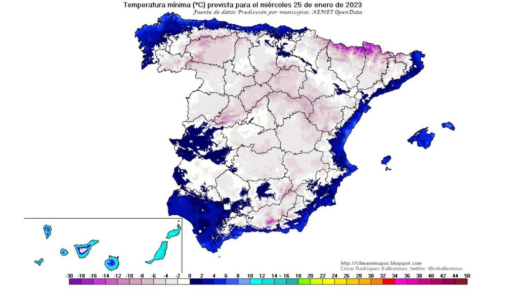 Temperaturas mínimas previstas para el miércoles 25