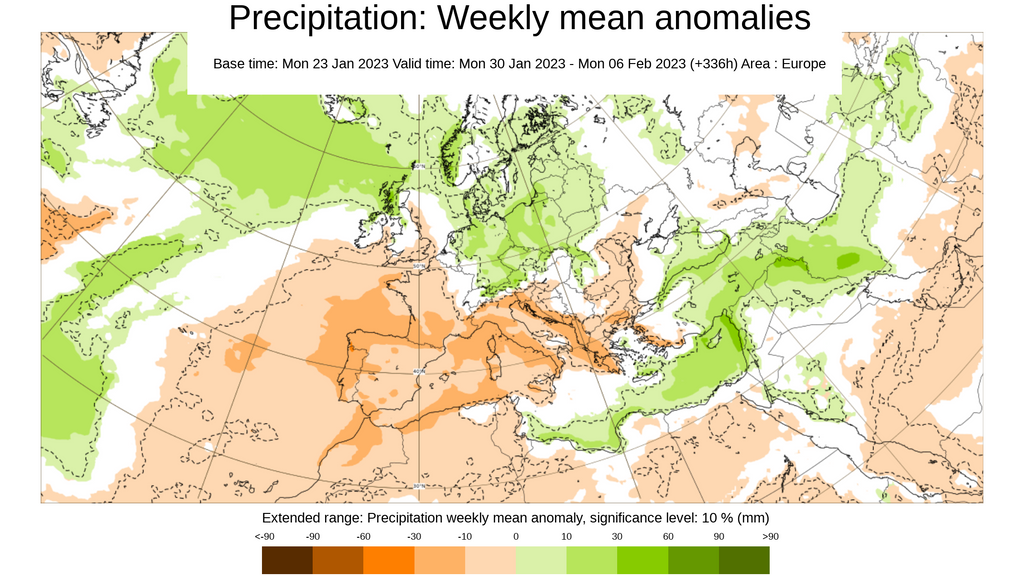 Anomalía de la precipitación prevista del 30 de enero al 6 de febrero