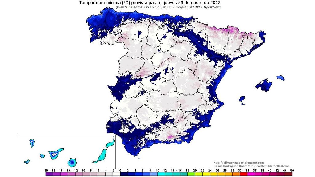 Temperaturas mínimas previstas para el jueves 26