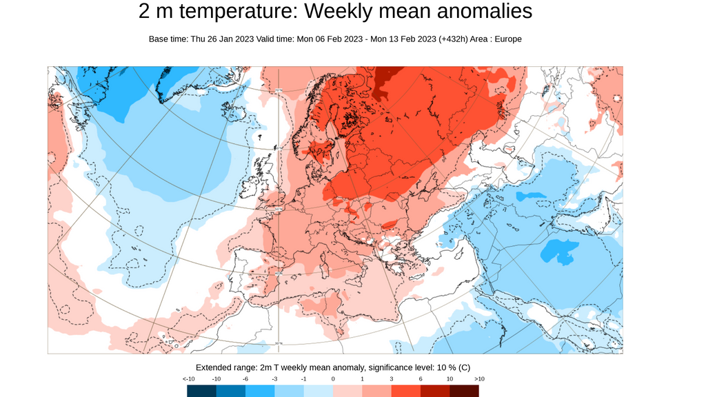 Anomalía de la temperatura prevista para la semana del 6 al 12 de feb