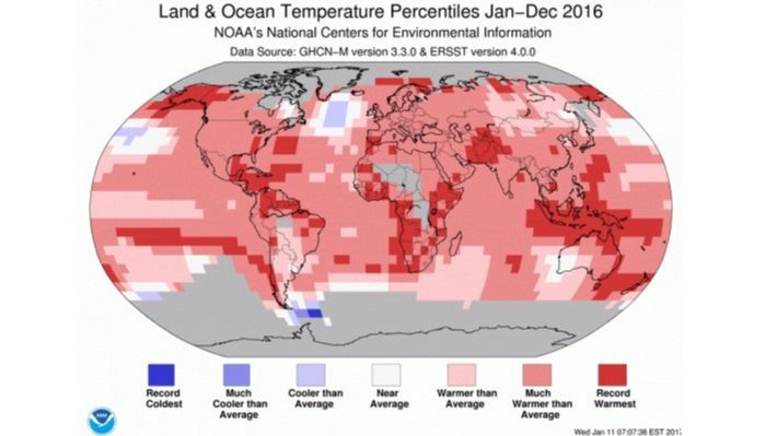 Carácter de las temperaturas en 2016, el año más cálido registrado