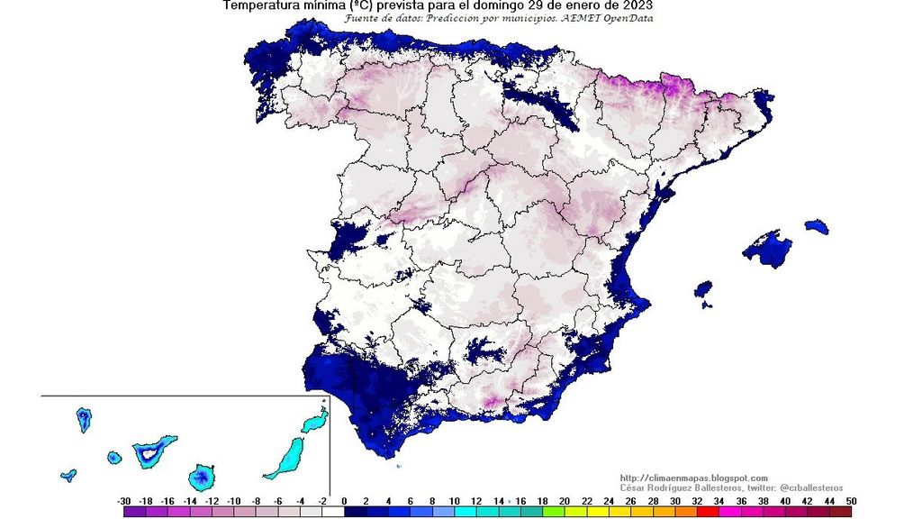 Temperaturas mínimas previstas para el domingo 29