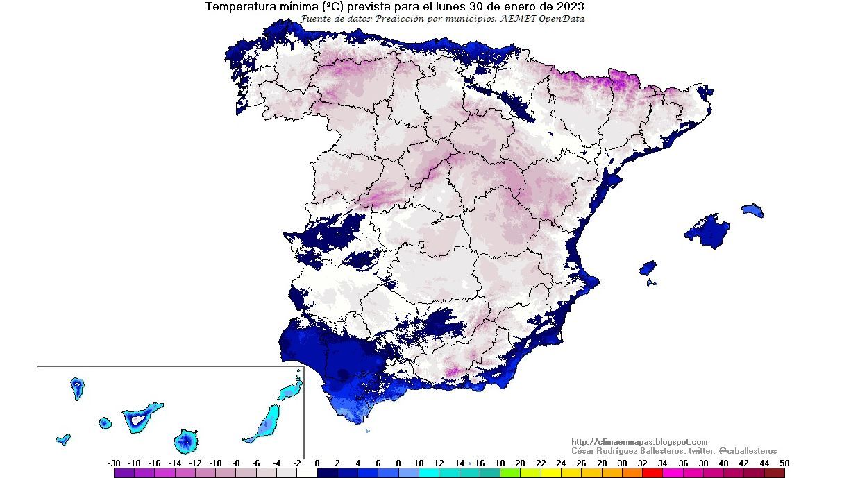 Temperaturas mínimas previstas para el lunes 30