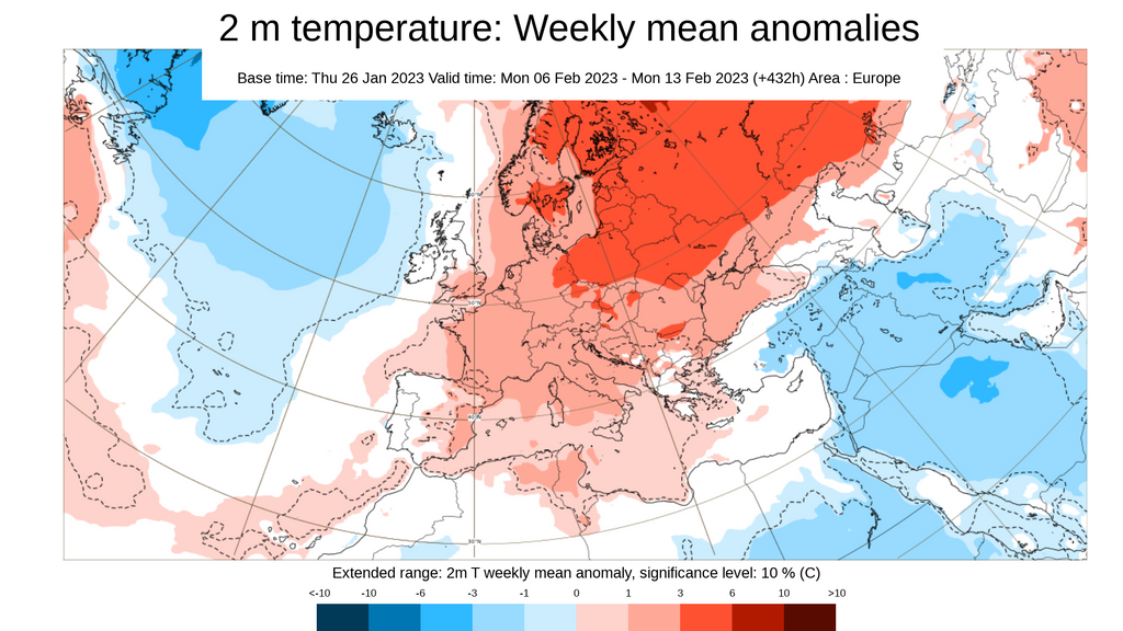 Anomalía de la temperatura prevista la semana del 6 al 13 de febrero