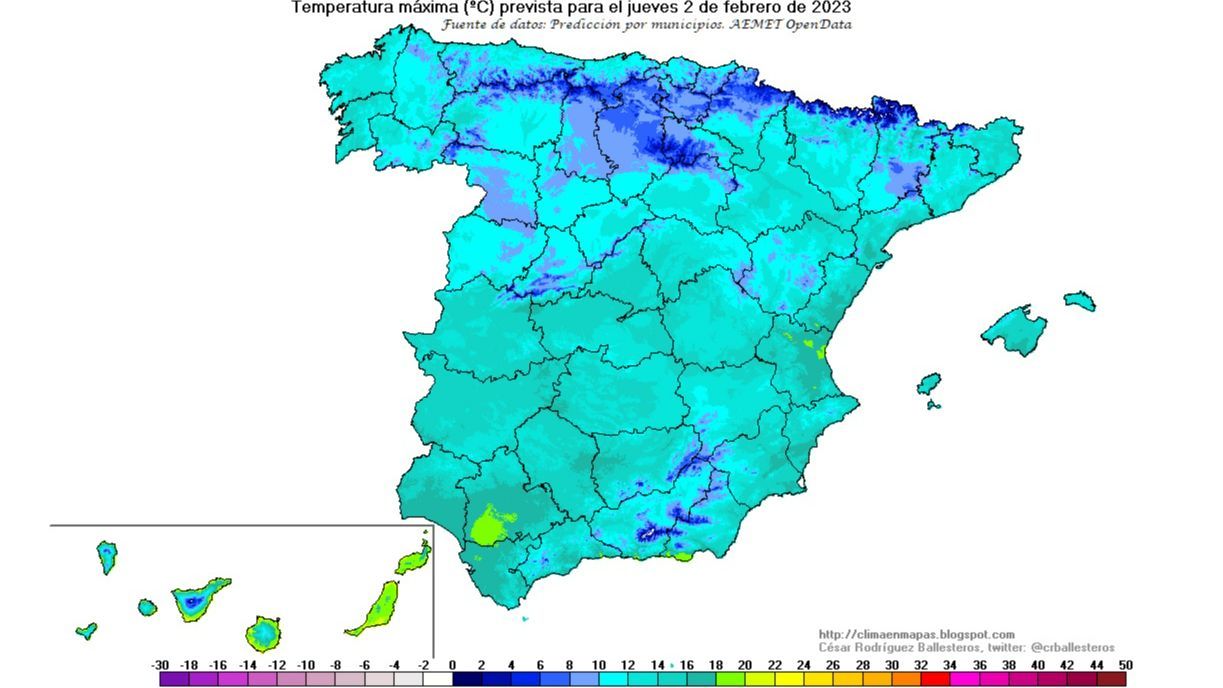 Temperaturas máximas previstas para el jueves 2 feb
