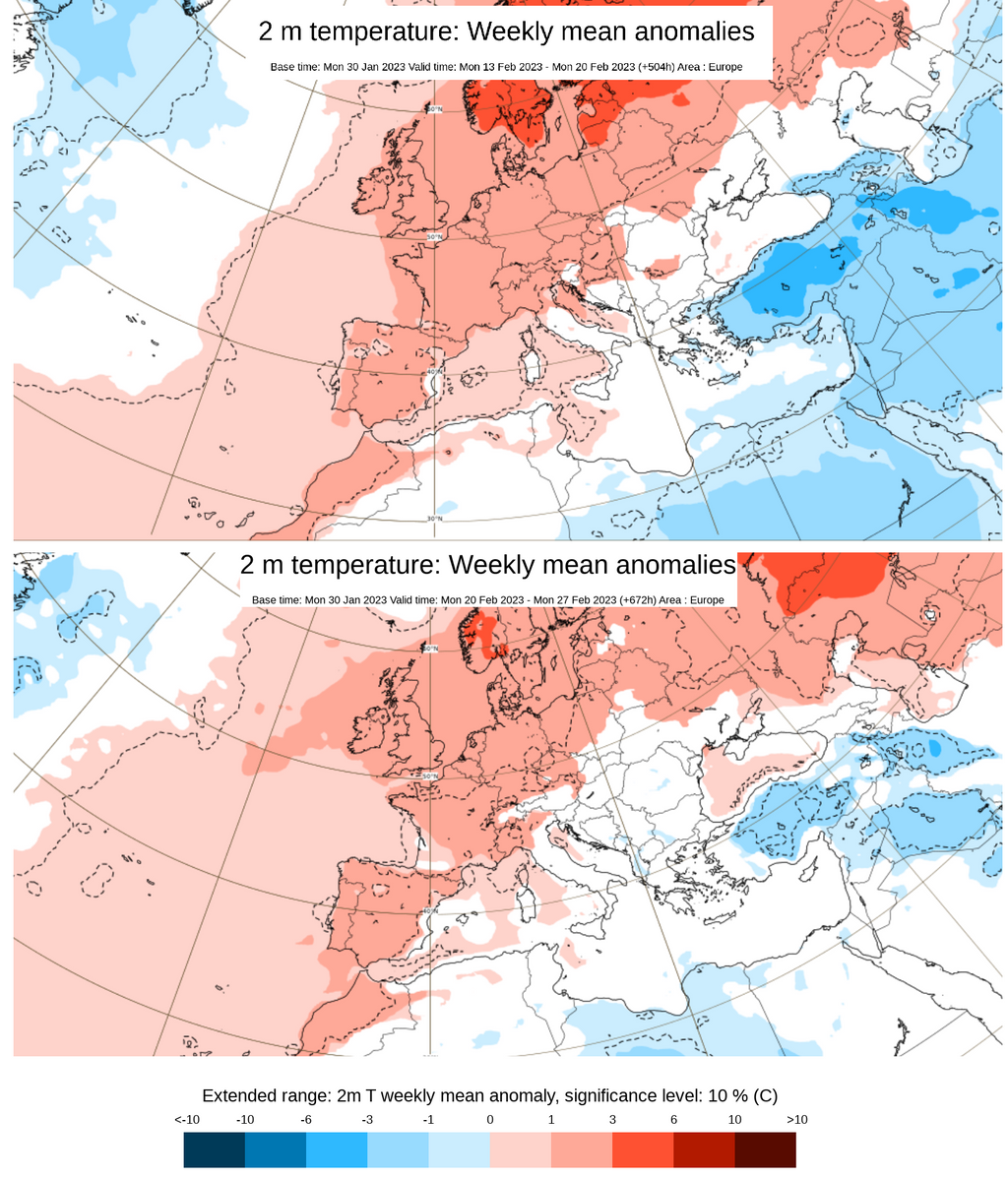 Anomalía de la temperatura prevista para la segunda quincena de febrero 2023