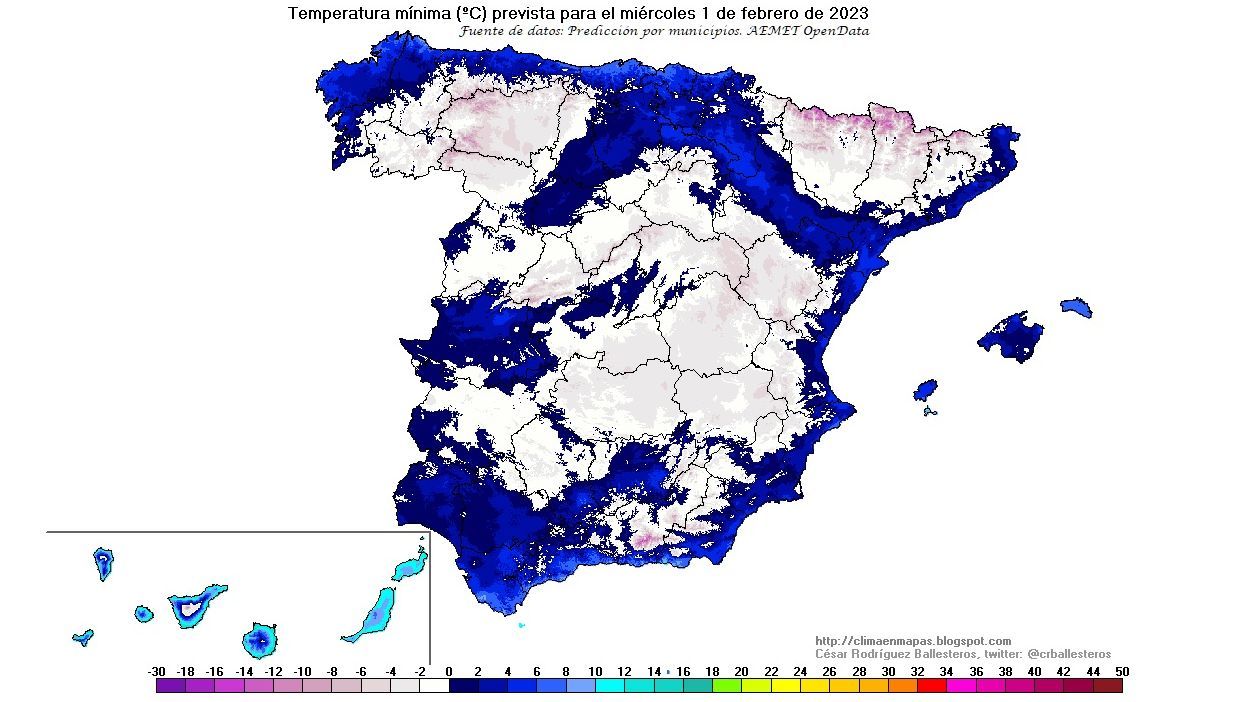 Temperaturas mínimas previstas para el miércoles 1 feb