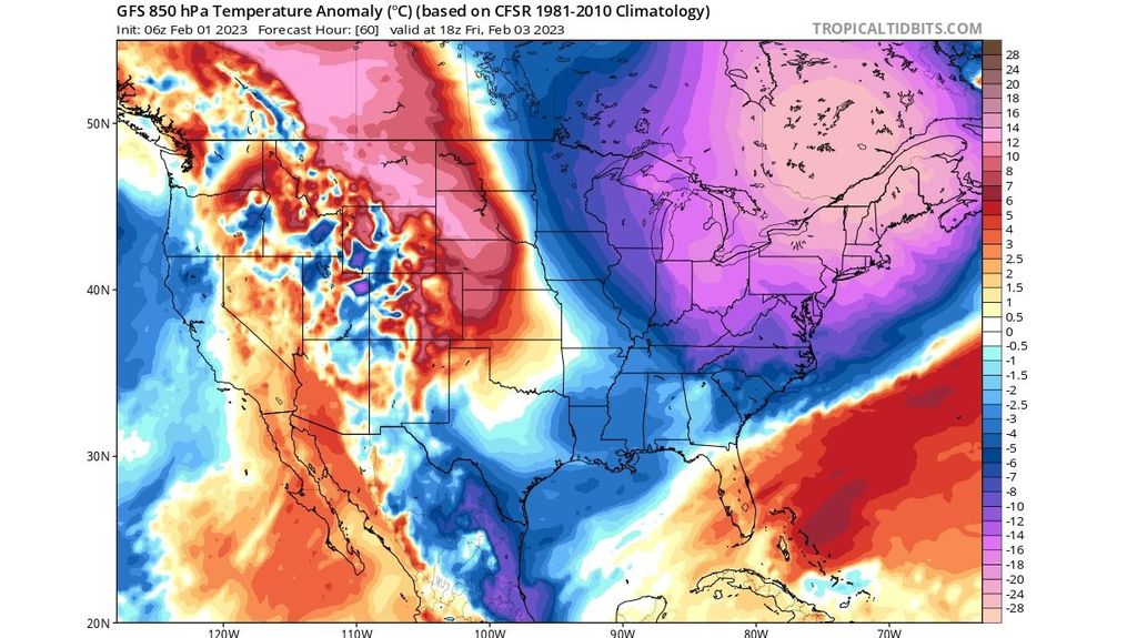 Anomalía de la temperatura prevista a 850 hPa para el viernes en EEUU