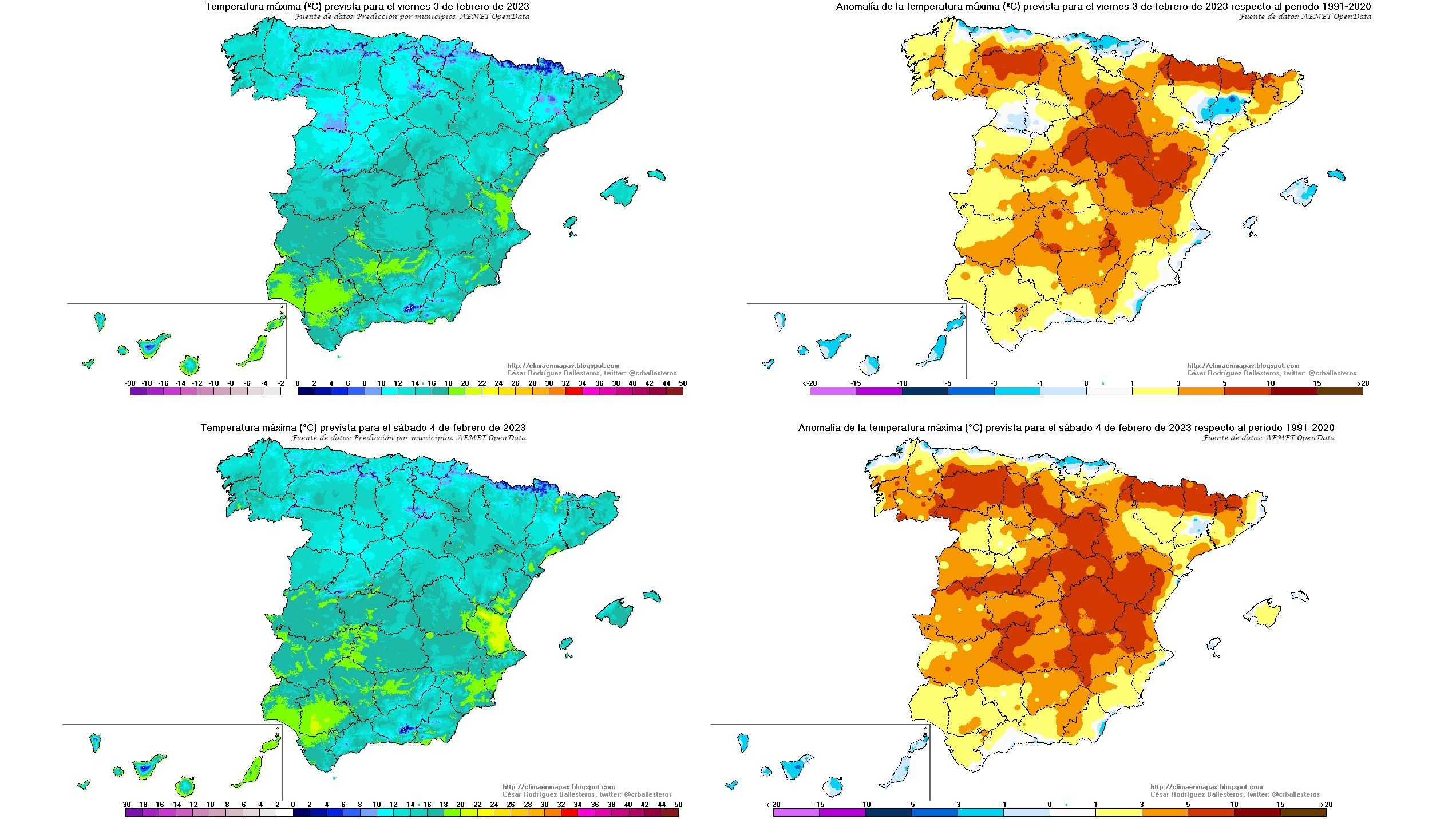 Temperaturas máximas previstas para viernes y sábado y sus anomalías