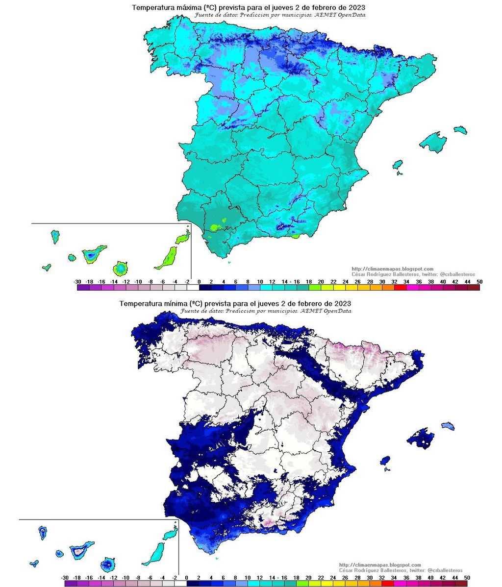 Temperaturas máximas y mínimas previstas para el jueves 2