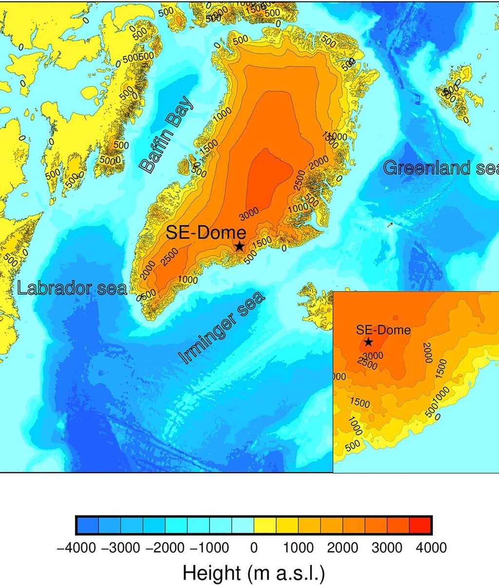 Un mapa de calor de contorno de Groenlandia, que indica las elevaciones de la región