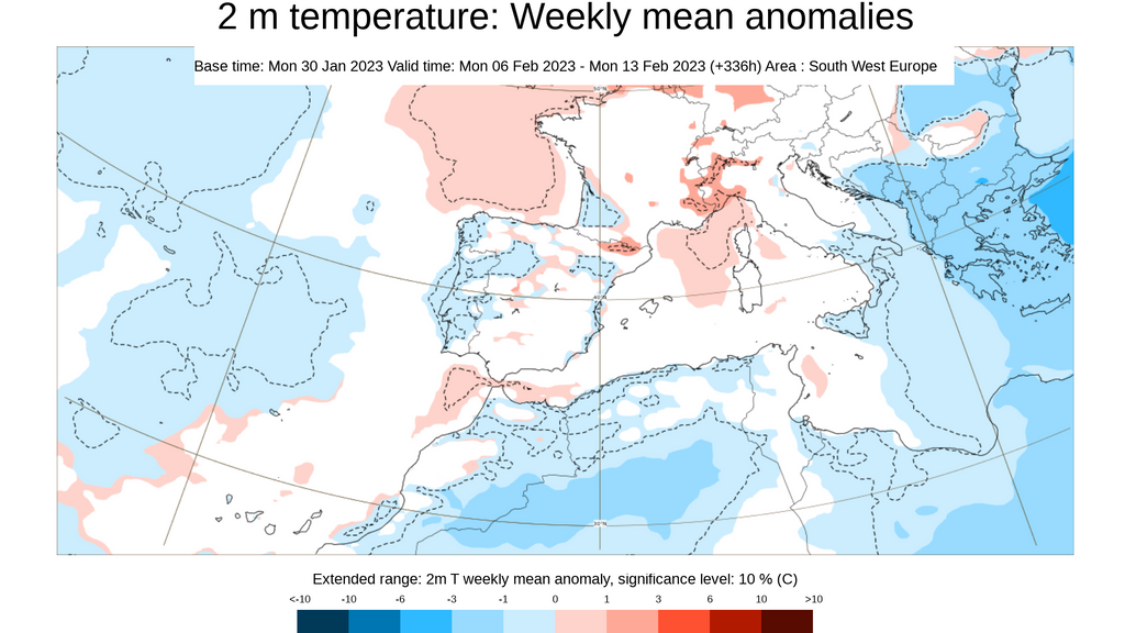 Anomalía de la temperatura prevista para el conjunto de la próxima semana
