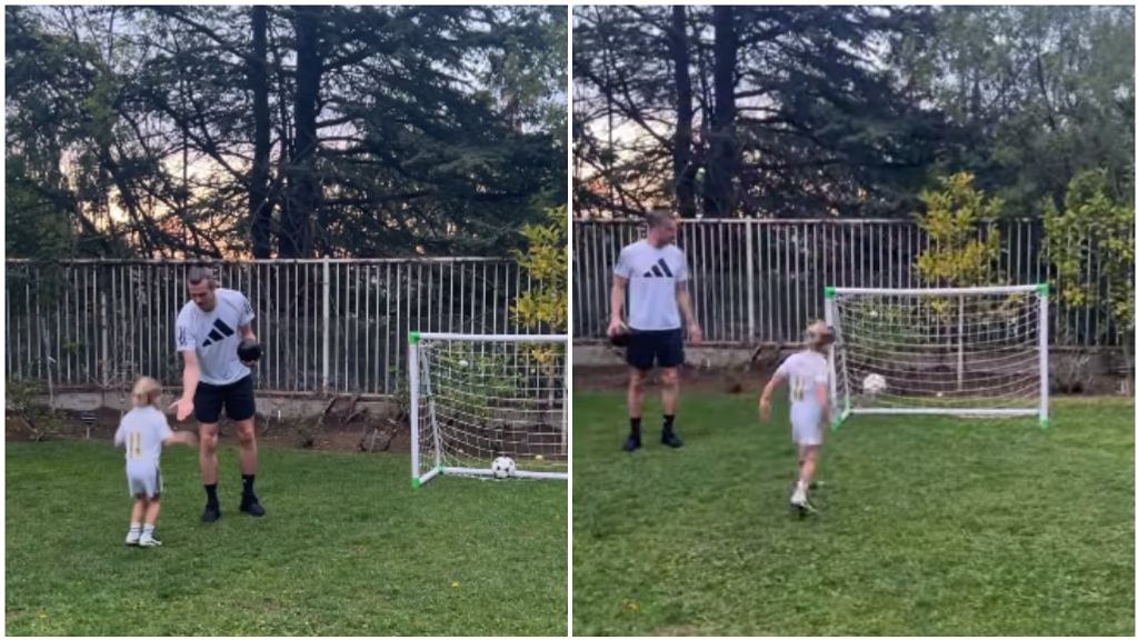 Bale jugando al fútbol con sus hijos en el jardín