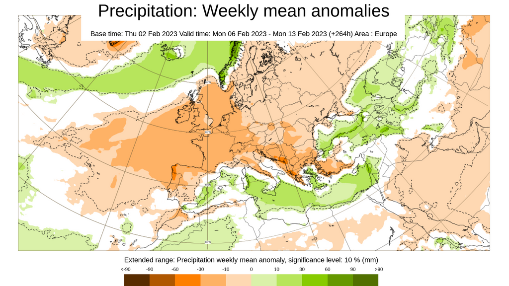 Anomalía de la precipitación prevista del 6 al 13 feb