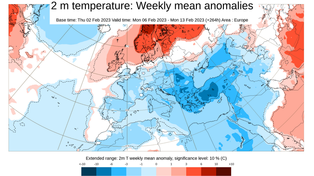 Anomalía de la temperatura prevista del 6 al 13 de febrero