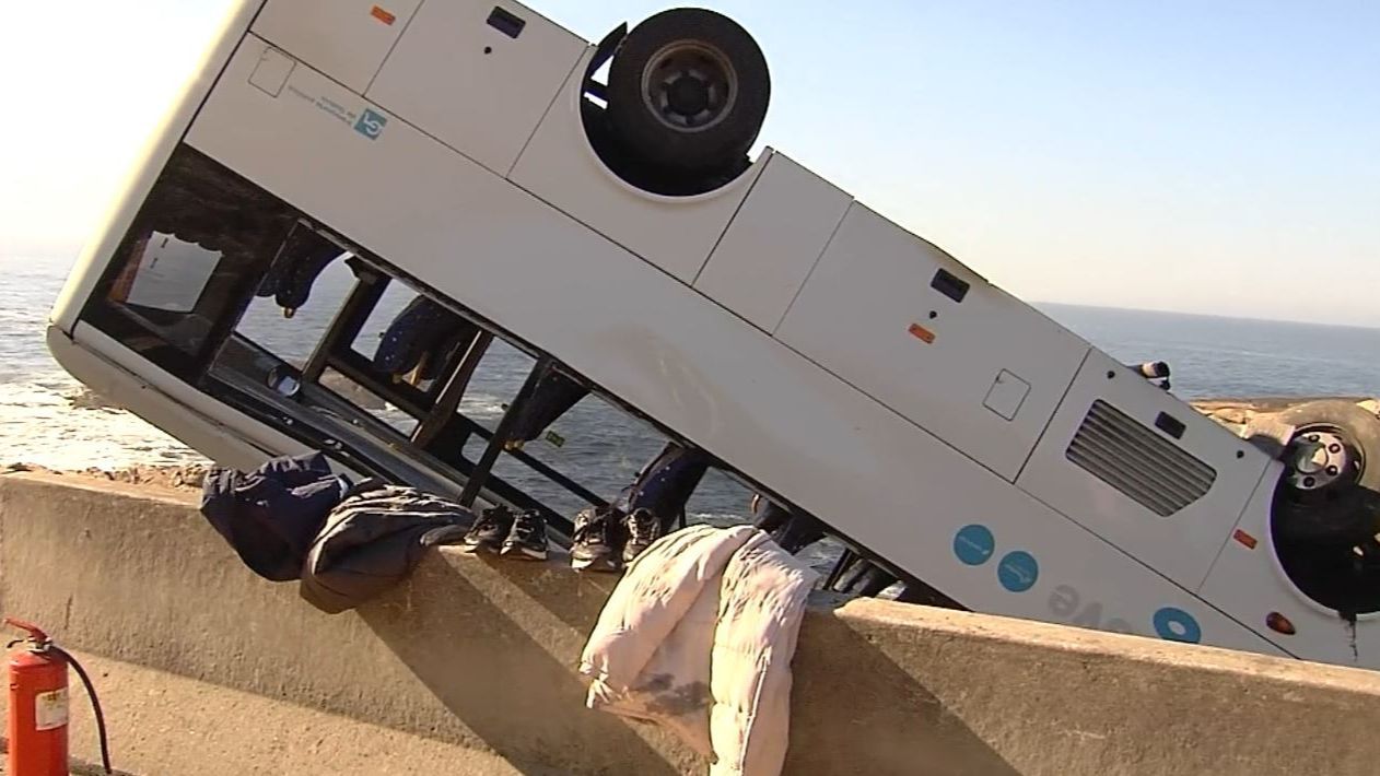 “Podría haber sido mucho peor”: las imágenes del microbús accidentado en Baiona, al filo del acantilado