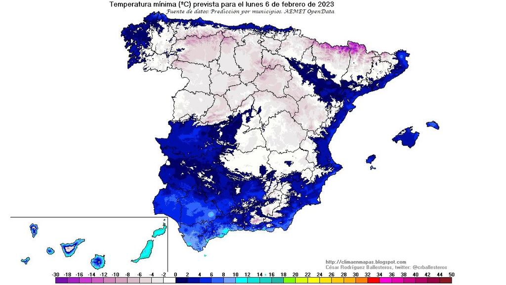 Temperaturas mínimas previstas para el lunes 6