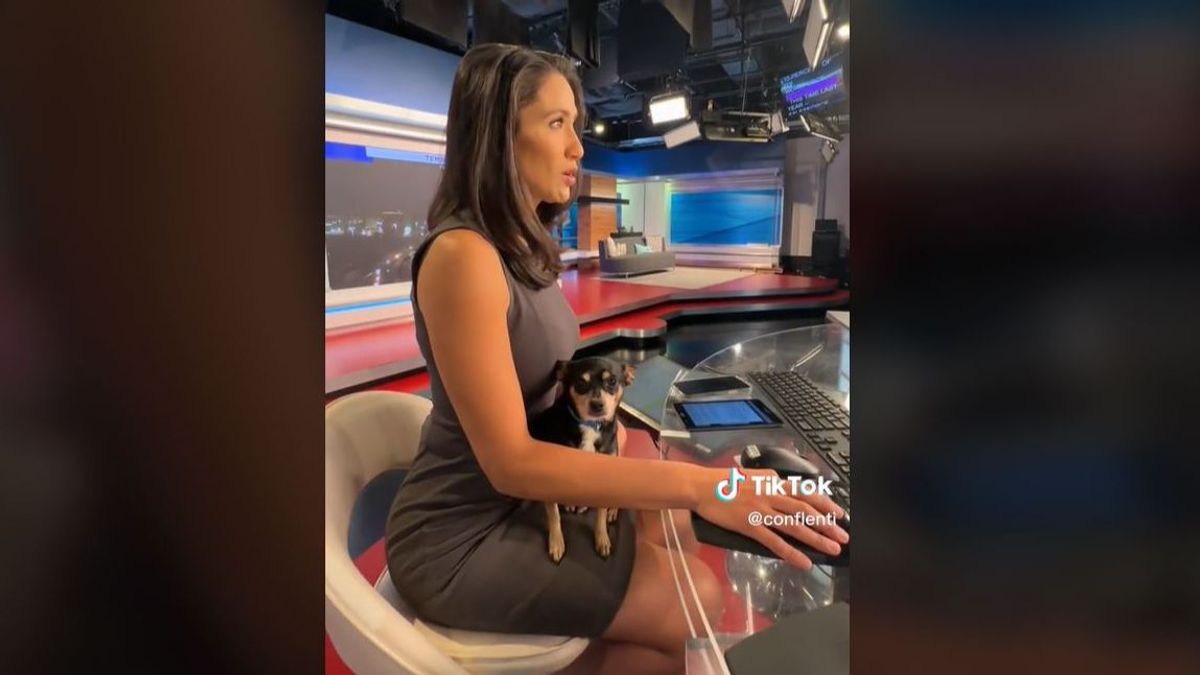 Sofía Ojeda, presentadora de las noticias de KPRC-TV, con su perro en las piernas