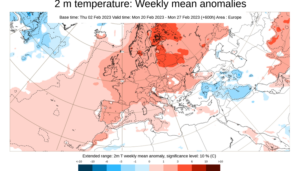 Anomalía de la temperatura prevista para la semana del 20 al 27 de feb