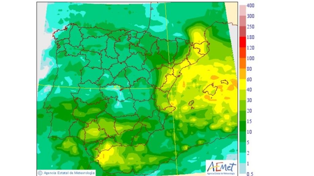 Precipitación máxima en Península y Baleares prevista para el martes 7 feb
