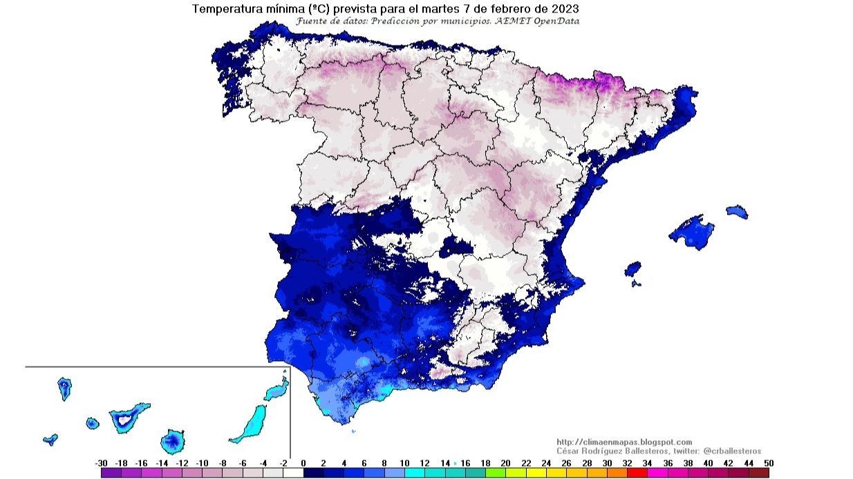 Temperaturas mínimas previstas para la madrugada del martes 7 feb