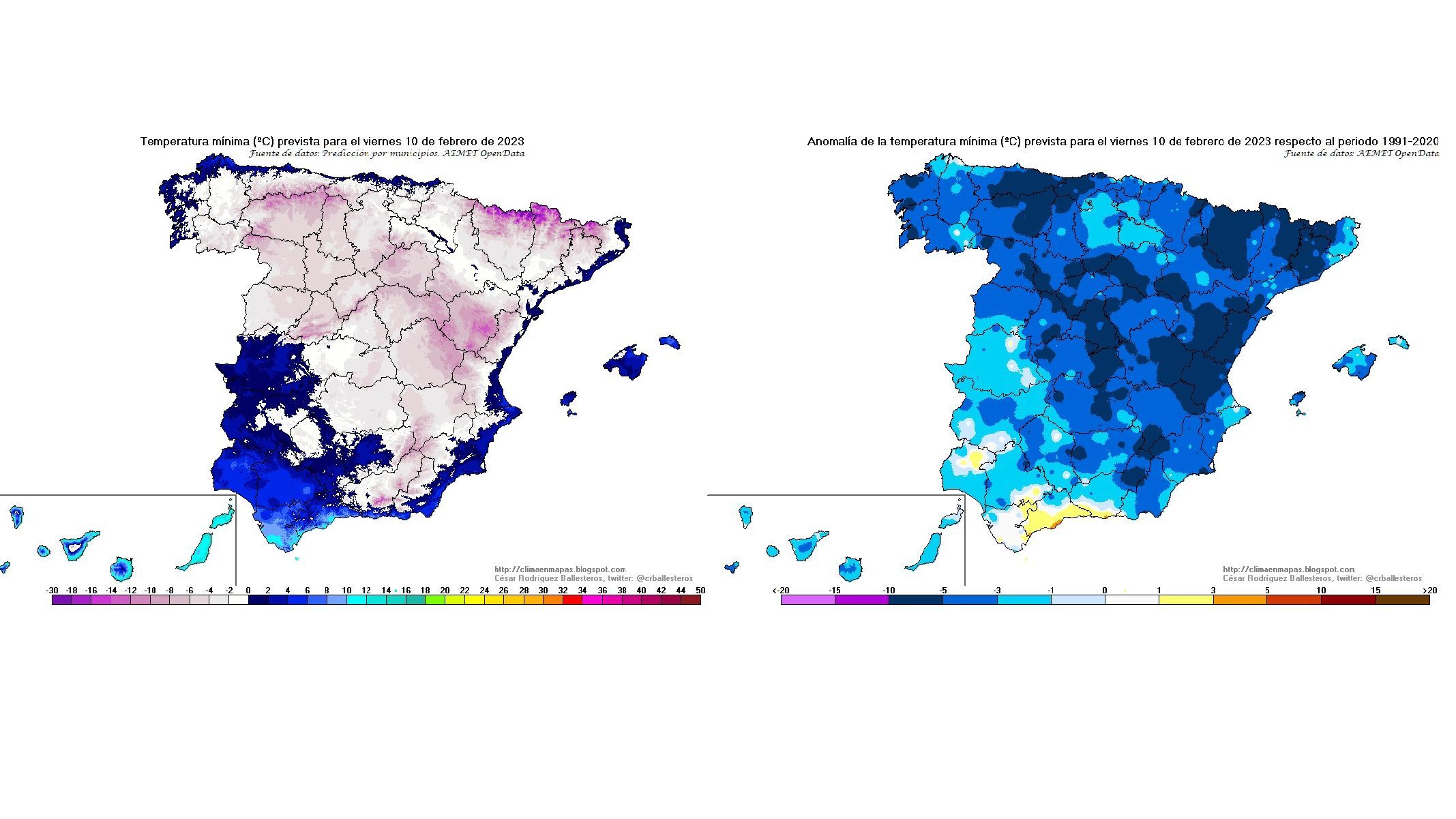 Temperaturas mínimas y su anomalía prevista para el viernes 10