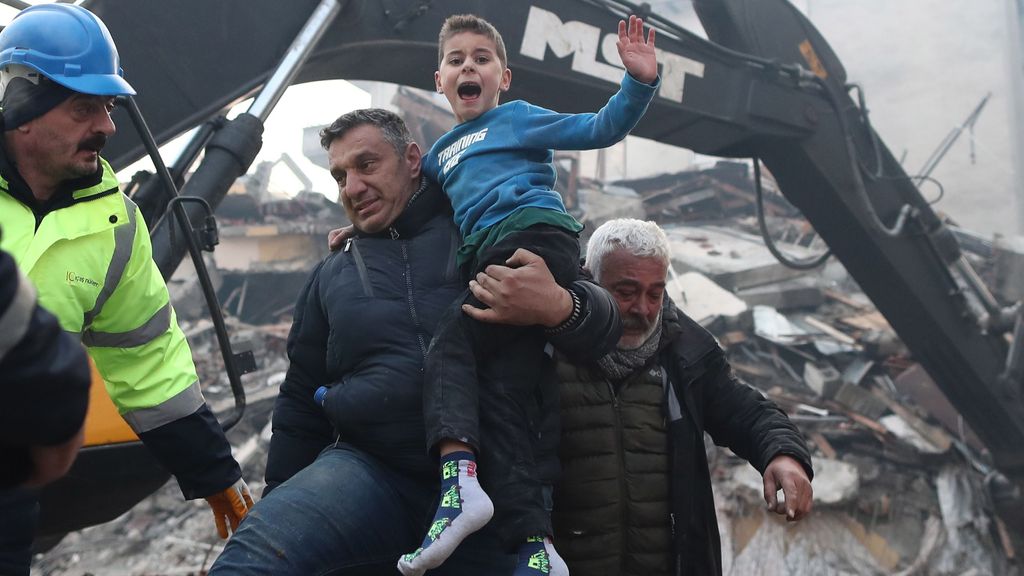 Child pulled to safety from the rubble of a collapsed building in Hatay, Turkey