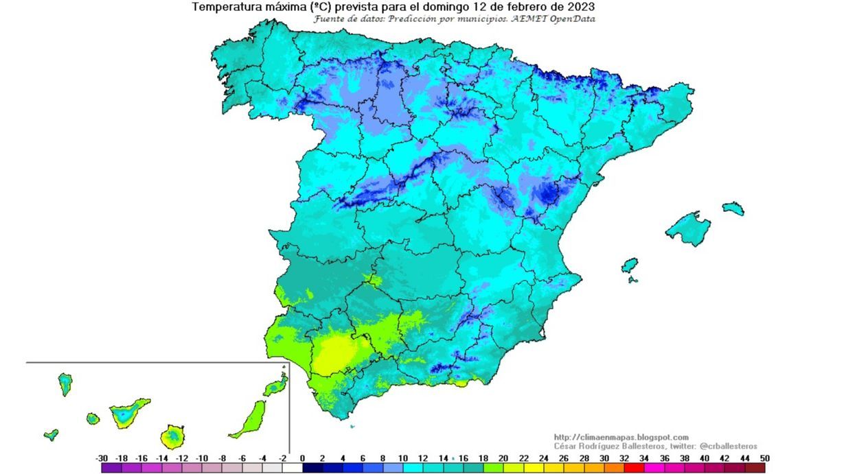 Temperaturas máximas previstas para el domingo 12