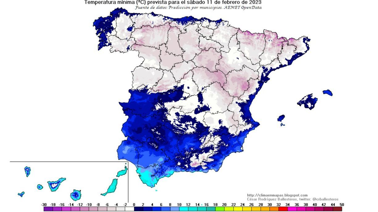 Temperaturas mínimas previstas para el sábado 11