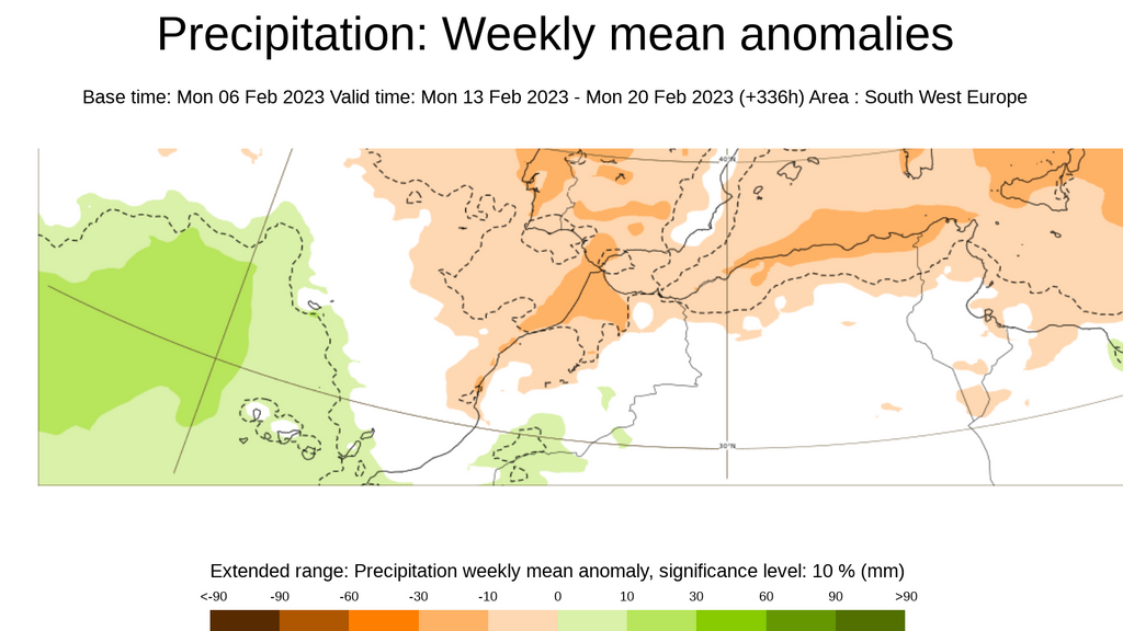 Anomalía de la precipitación prevista la semana del 13 al 20 de feb en Canarias