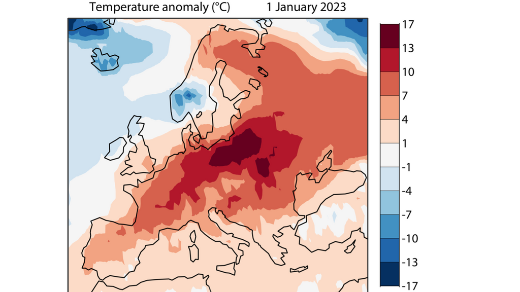 Anomalía de la temperatura media diaria del aire en superficie para el 1 de enero de 2023