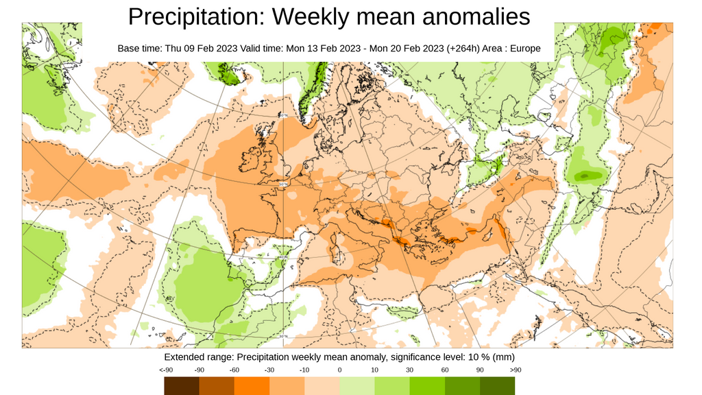 Anomalía de la precipitación prevista para la semana del 13 al 20 feb