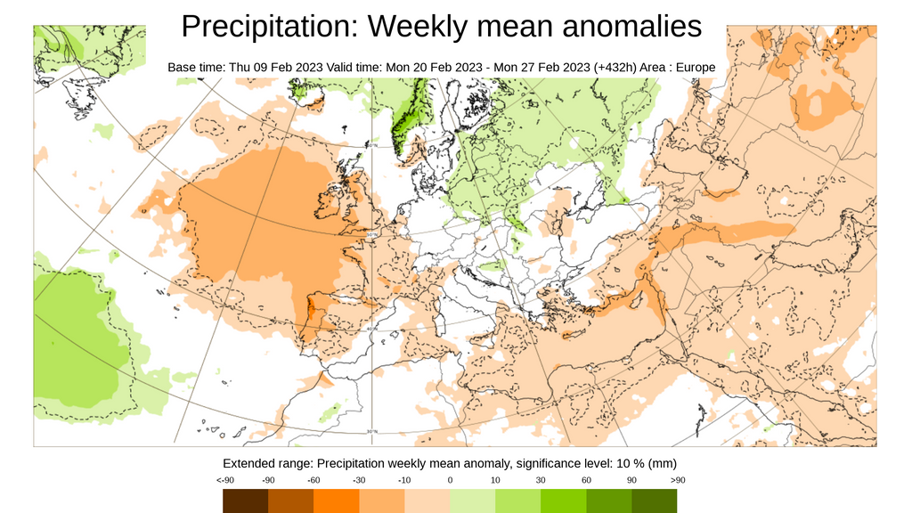 Anomalía de la precipitación prevista para la semana del 13 al 20 feb