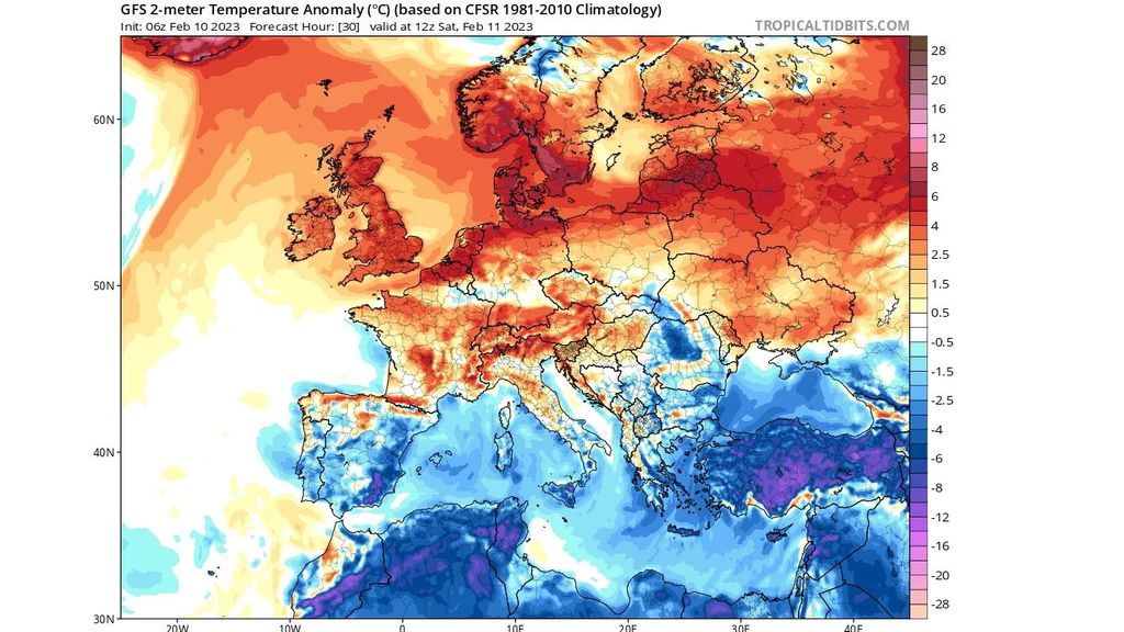 Anomalía de la temperatura en superficie prevista para el sábado 11