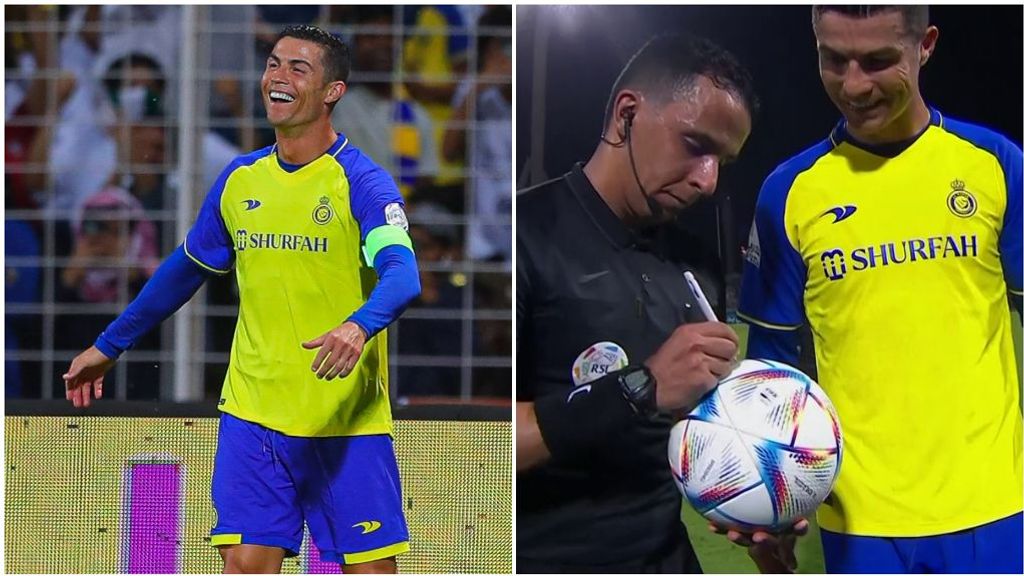 Cristiano brilla en Arabia: marca cuatro goles y le pide al árbitro que le firme el balón