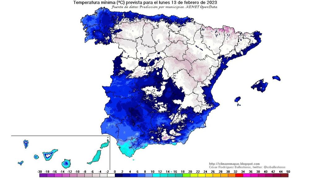 Temperaturas mínimas previstas para el lunes 13