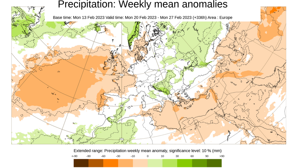 Anomalía de la precipitación prevista la semana del 20 al 27 de feb