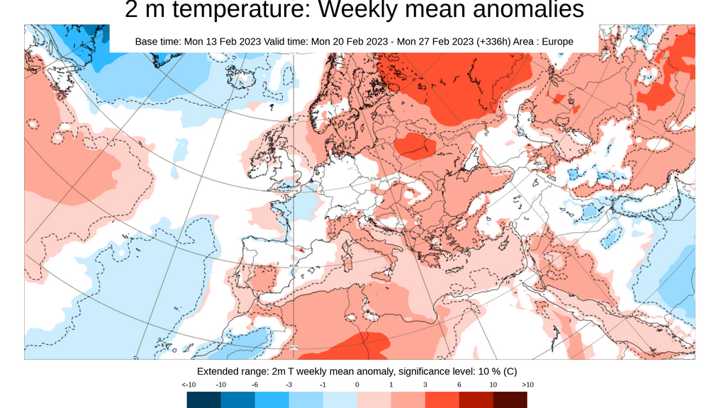 Anomalía de la temperatura prevista la semana del 20 al 27 de feb