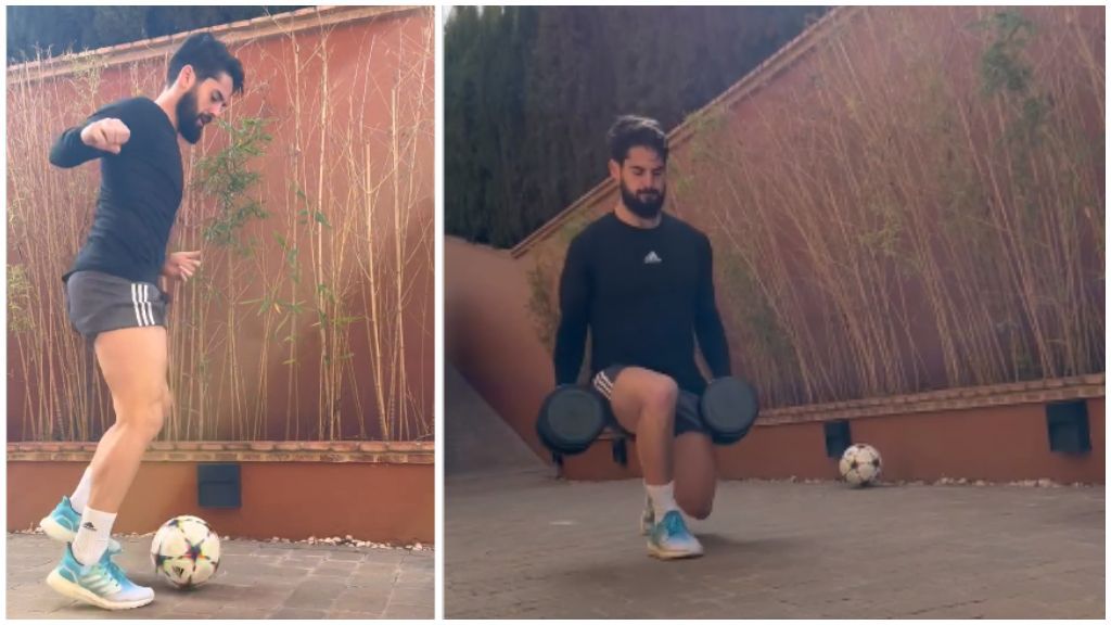 Isco entrenando en el jardin de su casa