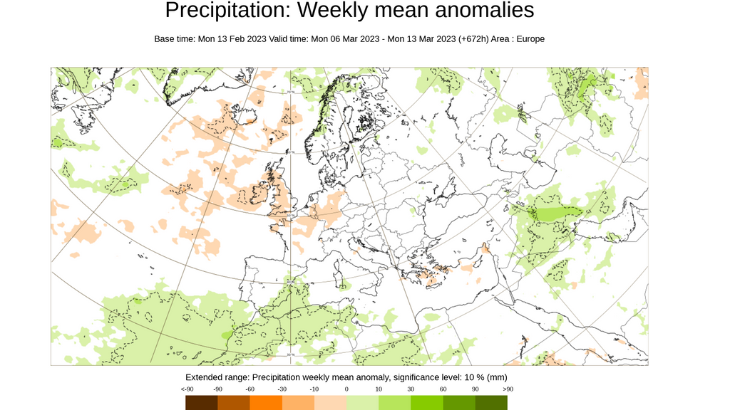 Anomalía de la precipitación prevista del 6 al 13 de marzo 2023